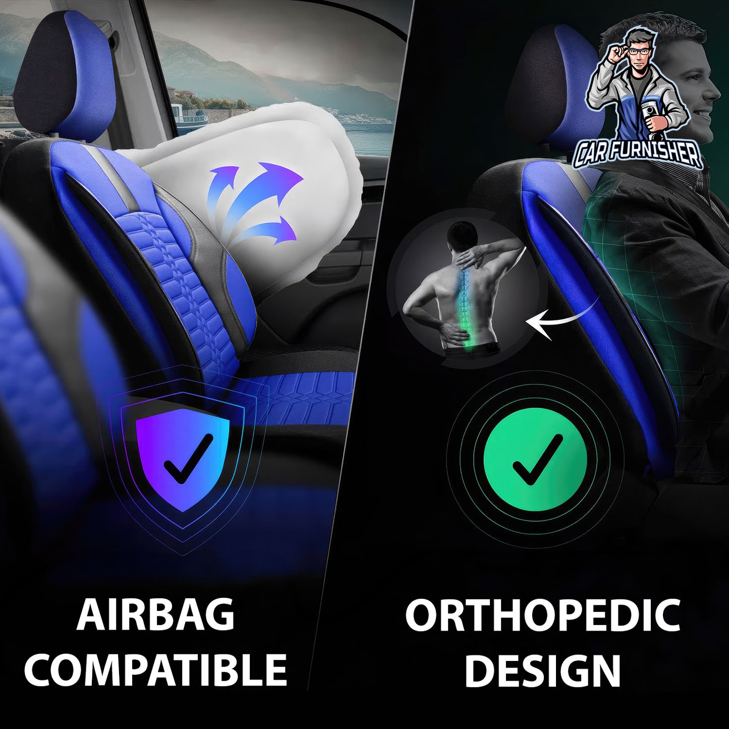 Car Seat Cover Set - Athens Design Blue 5 Seats + Headrests (Full Set) Leather & Jacquard Fabric