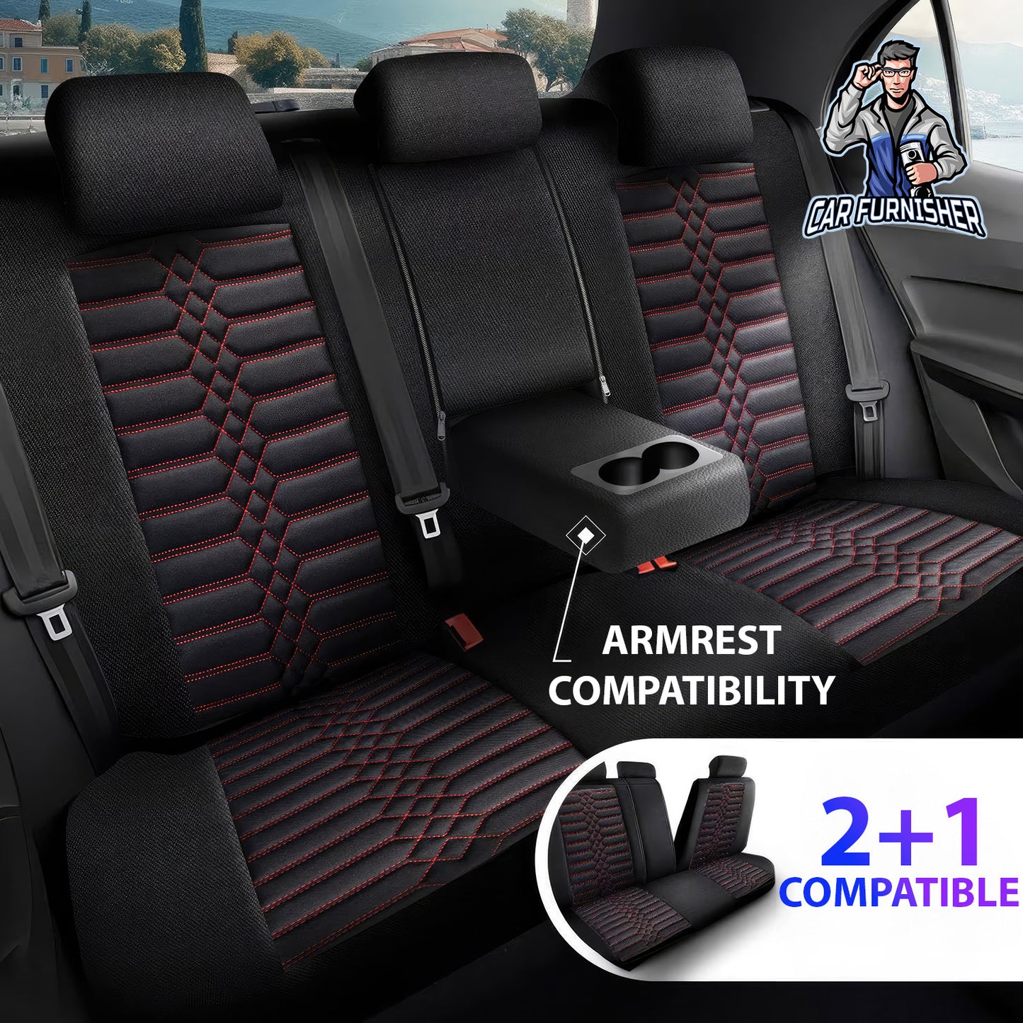 Car Seat Cover Set - Athens Design Dark Red 5 Seats + Headrests (Full Set) Leather & Jacquard Fabric