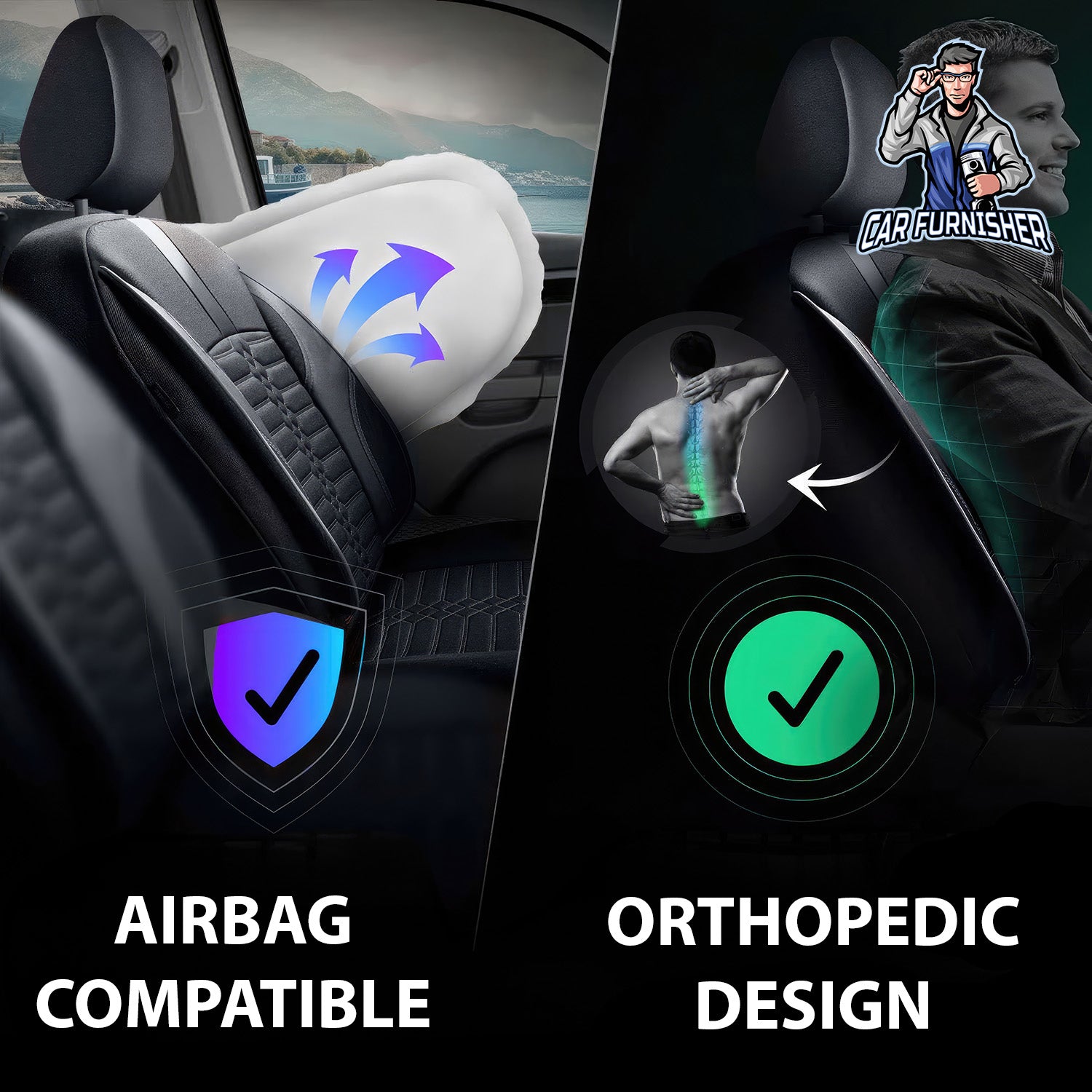 Car Seat Cover Set - Athens Design Gray 5 Seats + Headrests (Full Set) Leather & Jacquard Fabric