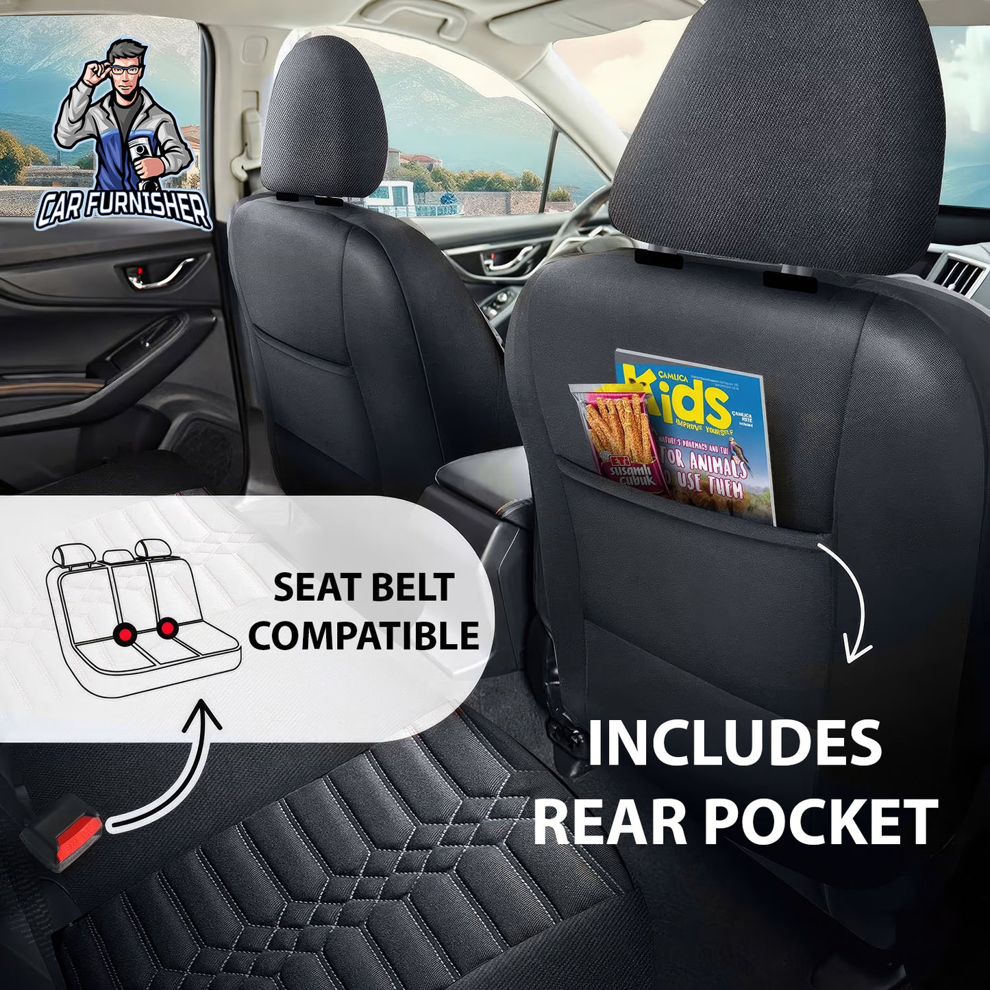 Car Seat Cover Set - Athens Design Gray 5 Seats + Headrests (Full Set) Leather & Jacquard Fabric