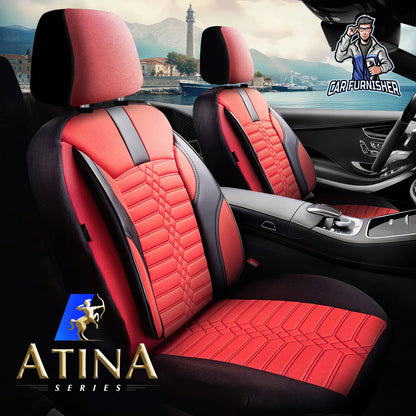 Car Seat Cover Set - Athens Design Red 5 Seats + Headrests (Full Set) Leather & Jacquard Fabric