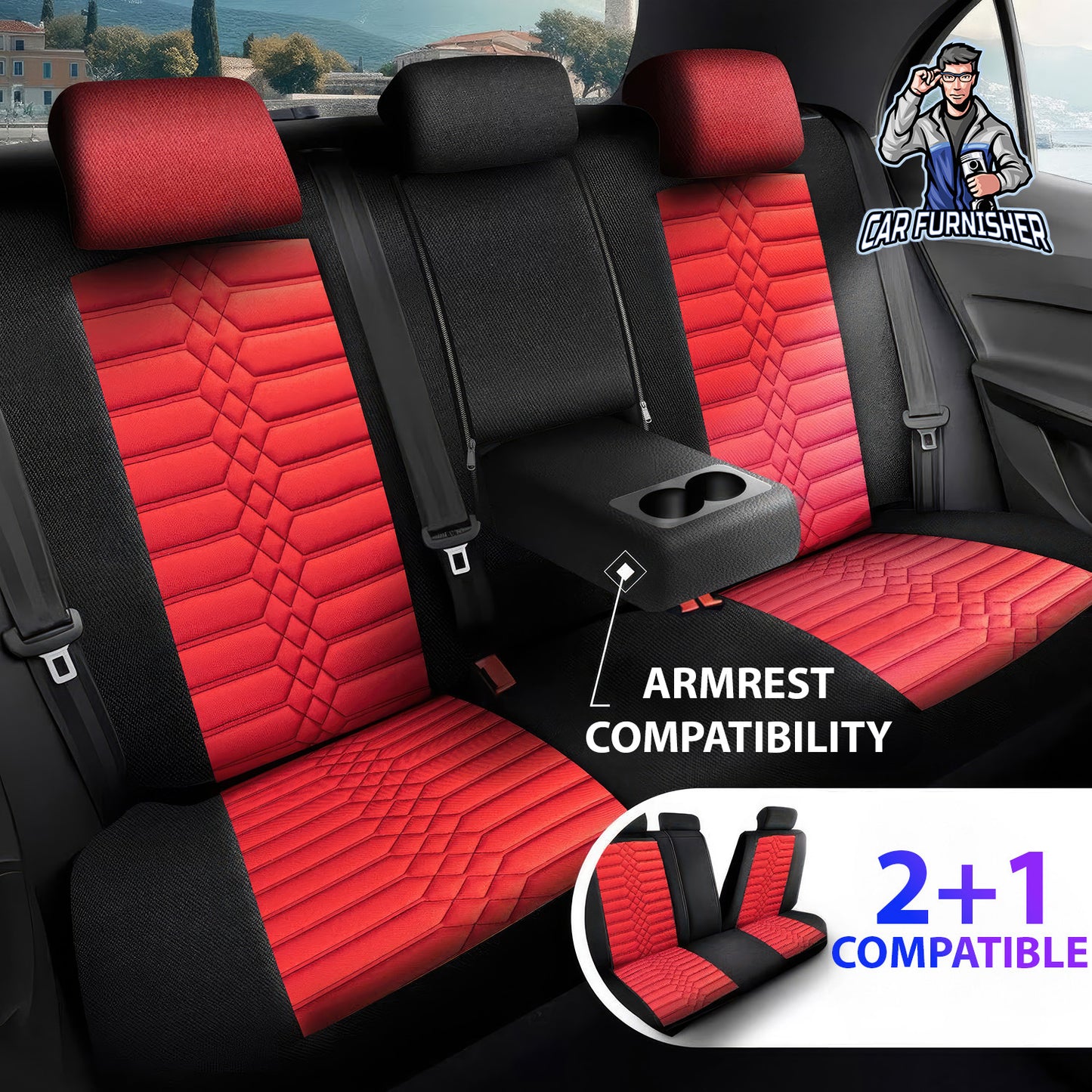 Car Seat Cover Set - Athens Design Red 5 Seats + Headrests (Full Set) Leather & Jacquard Fabric
