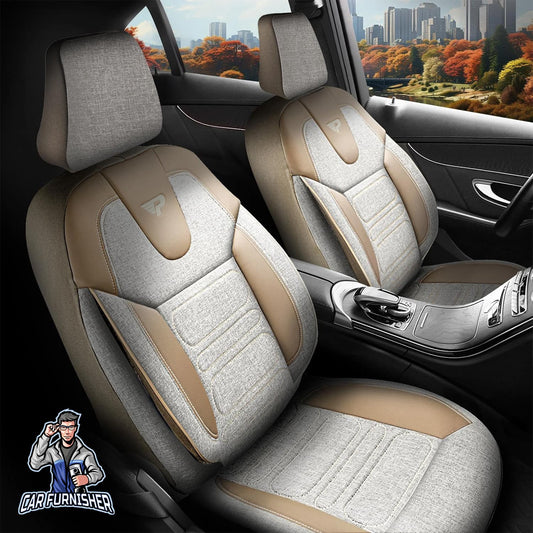 Car Seat Cover Set - Atlanta Linen Fabric Design Beige 5 Seats + Headrests (Full Set) Leather & Linen Fabric