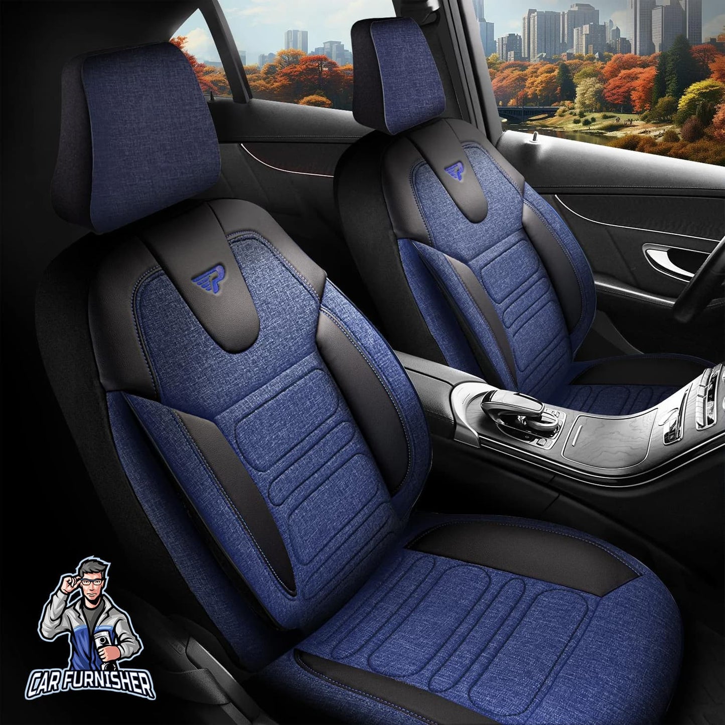 Volkswagen Jetta Seat Covers Atlanta Linen Fabric Design Blue 5 Seats + Headrests (Full Set) Leather & Linen Fabric