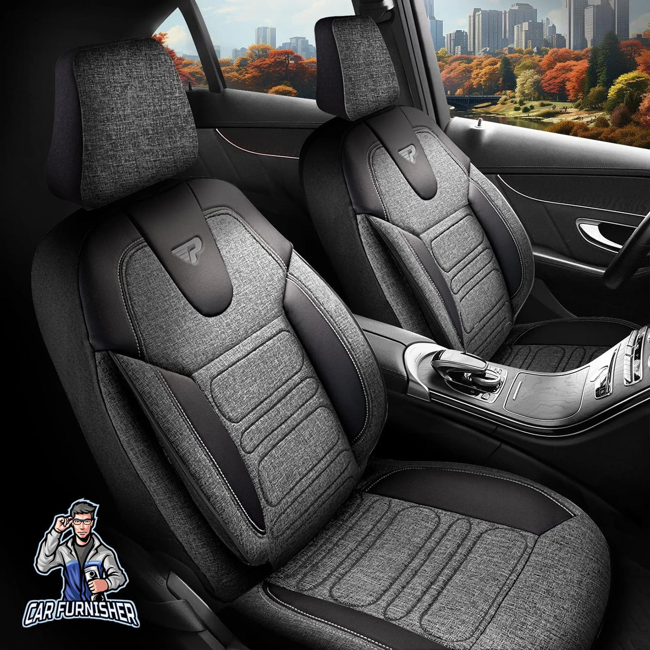 Audi A6 Seat Covers Atlanta Linen Fabric Design Gray 5 Seats + Headrests (Full Set) Leather & Linen Fabric