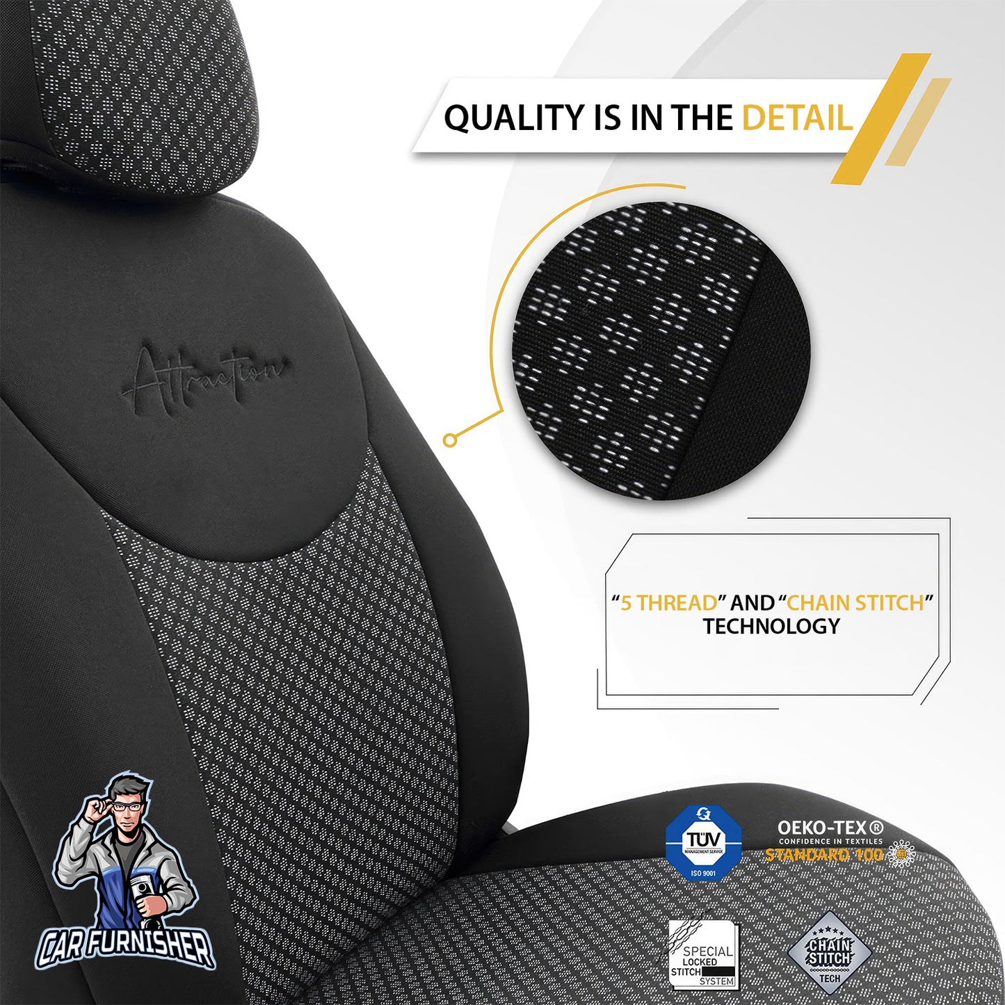 Car Seat Cover Set - Attraction Design Black 5 Seats + Headrests (Full Set) Cotton Fabric