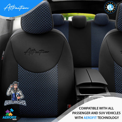 Car Seat Cover Set - Attraction Design Blue 5 Seats + Headrests (Full Set) Cotton Fabric