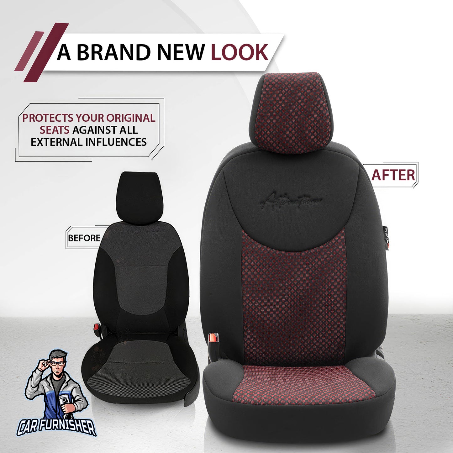 Car Seat Cover Set - Attraction Design Burgundy 5 Seats + Headrests (Full Set) Cotton Fabric