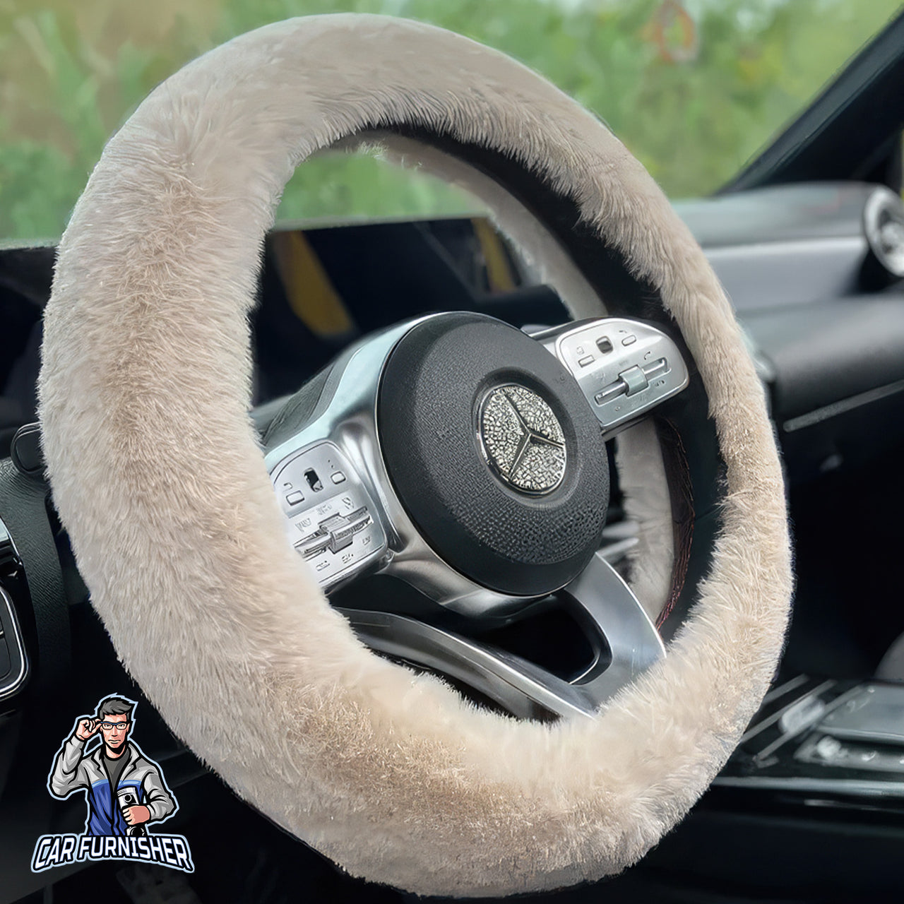 Fluffy Plush Steering Wheel Cover | Extra Soft Beige Fabric