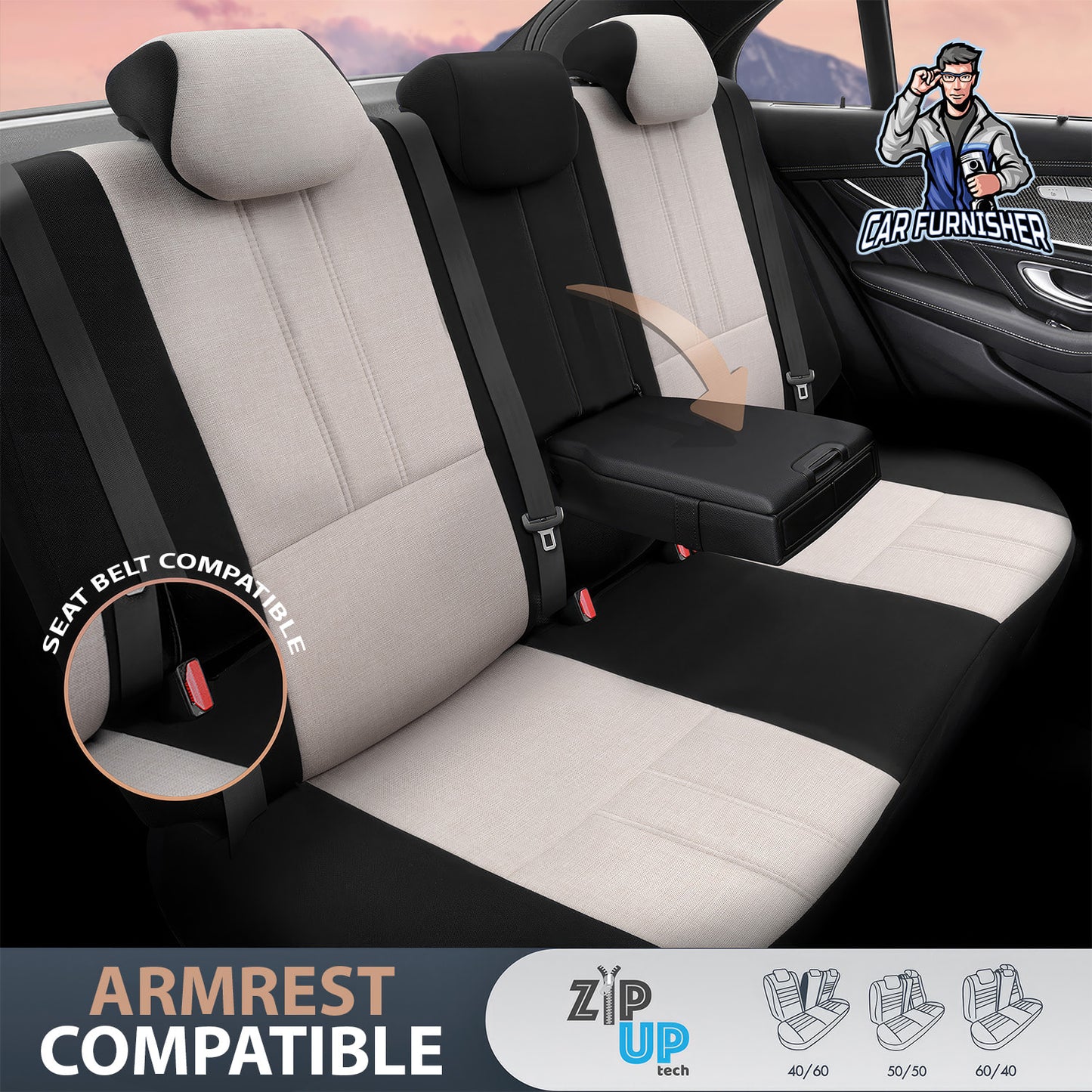 Car Seat Cover Set - Swan Design Beige 5 Seats + Headrests (Full Set) Leather & Linen Fabric