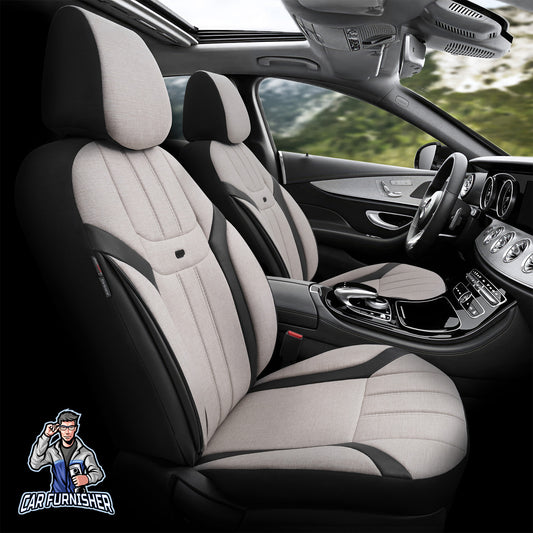 Car Seat Cover Set - Swan Design Beige 5 Seats + Headrests (Full Set) Leather & Linen Fabric