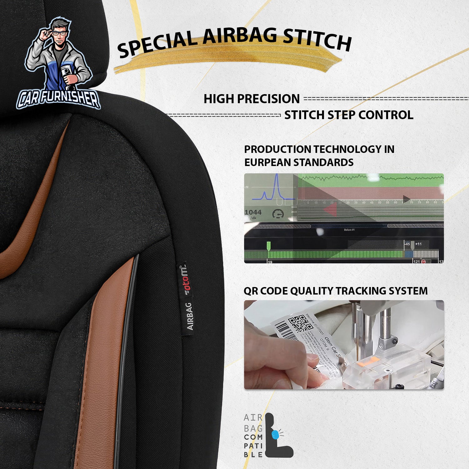 Car Seat Cover Set - Extra Support Iconic Design Brown 5 Seats + Headrests (Full Set) Leather & Lacoste Fabric