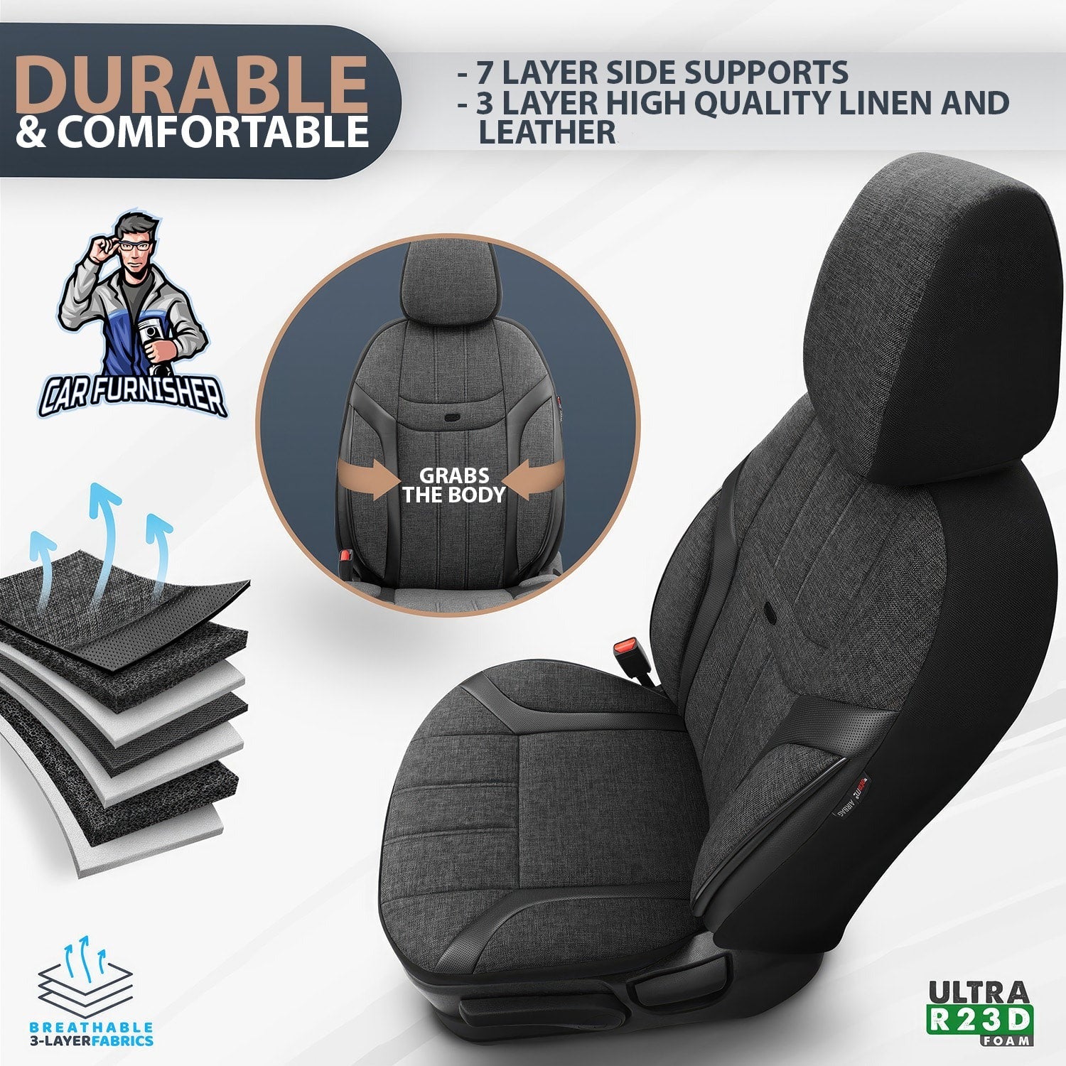 Car Seat Cover Set - Swan Design Black 5 Seats + Headrests (Full Set) Leather & Linen Fabric