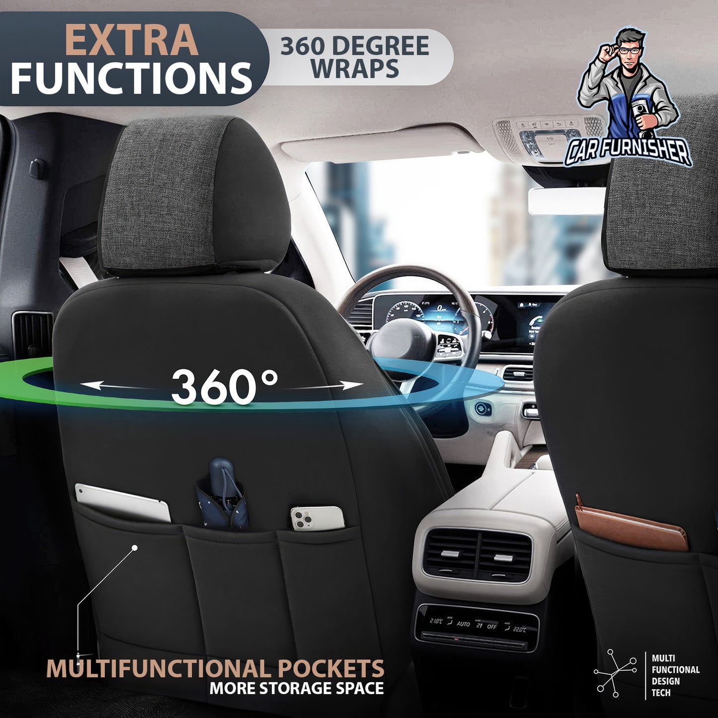 Car Seat Cover Set - Swan Design Black 5 Seats + Headrests (Full Set) Leather & Linen Fabric
