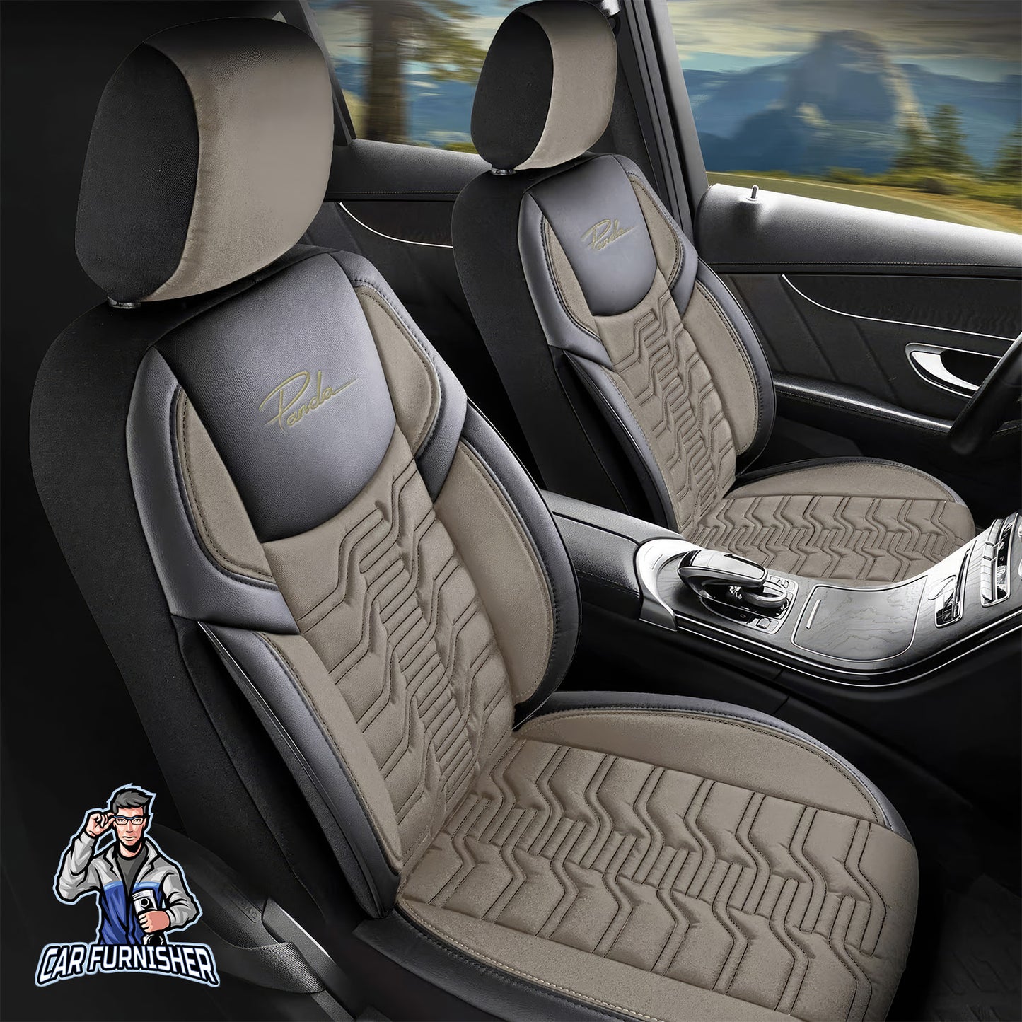 Car Seat Cover Set - Berlin Design Beige 5 Seats + Headrests (Full Set) Leather & Jacquard Fabric