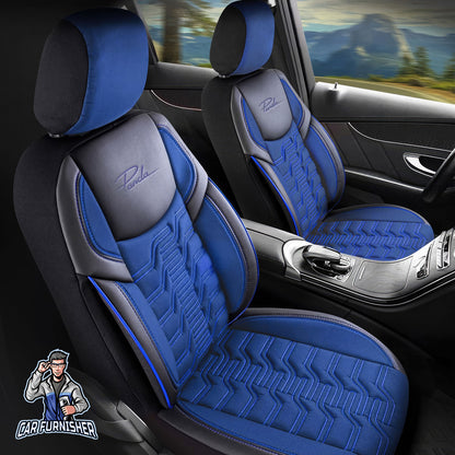 Car Seat Cover Set - Berlin Design Blue 5 Seats + Headrests (Full Set) Leather & Jacquard Fabric