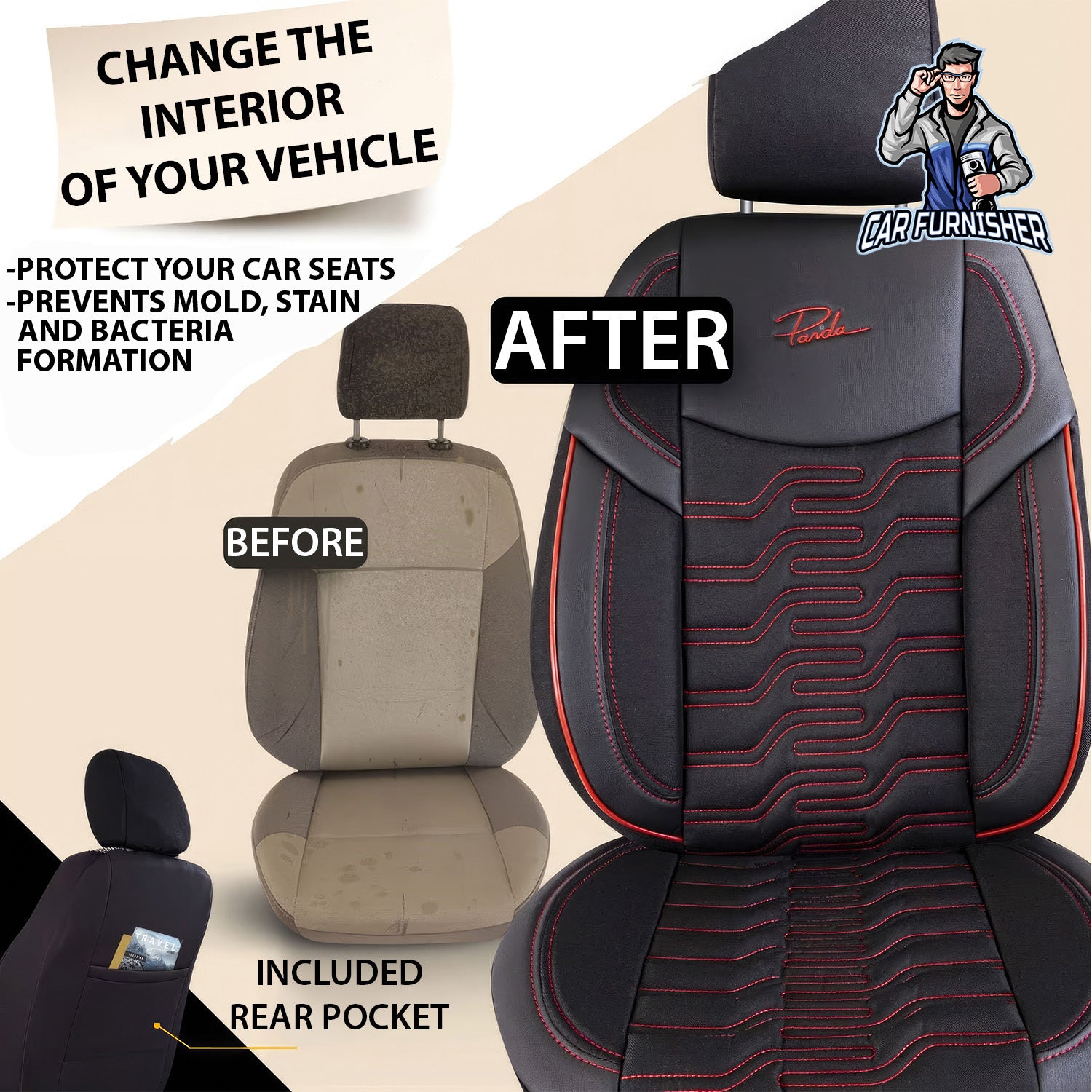 Car Seat Cover Set - Berlin Design Dark Red 5 Seats + Headrests (Full Set) Leather & Jacquard Fabric