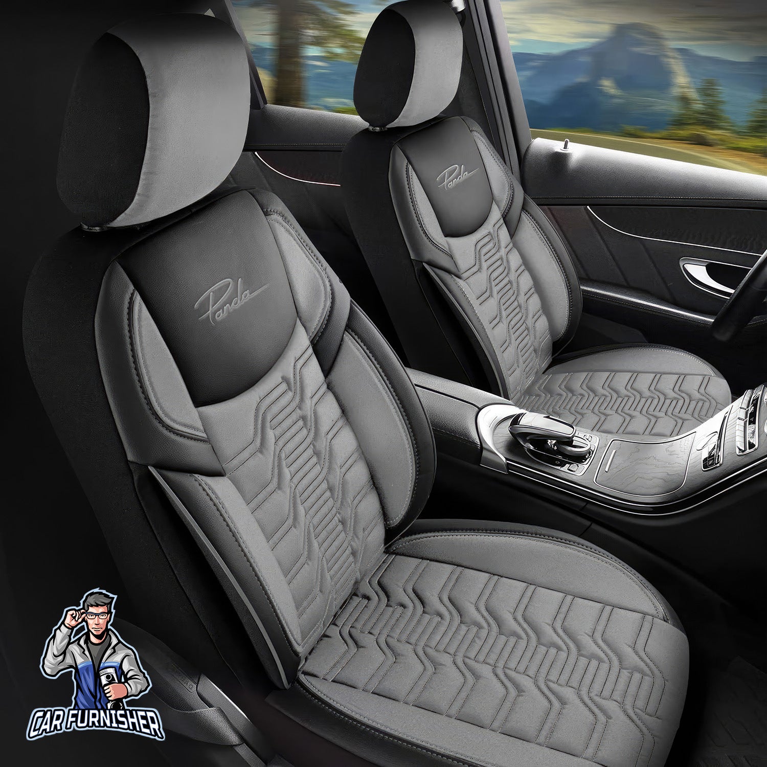 Car Seat Cover Set - Berlin Design Gray 5 Seats + Headrests (Full Set) Leather & Jacquard Fabric