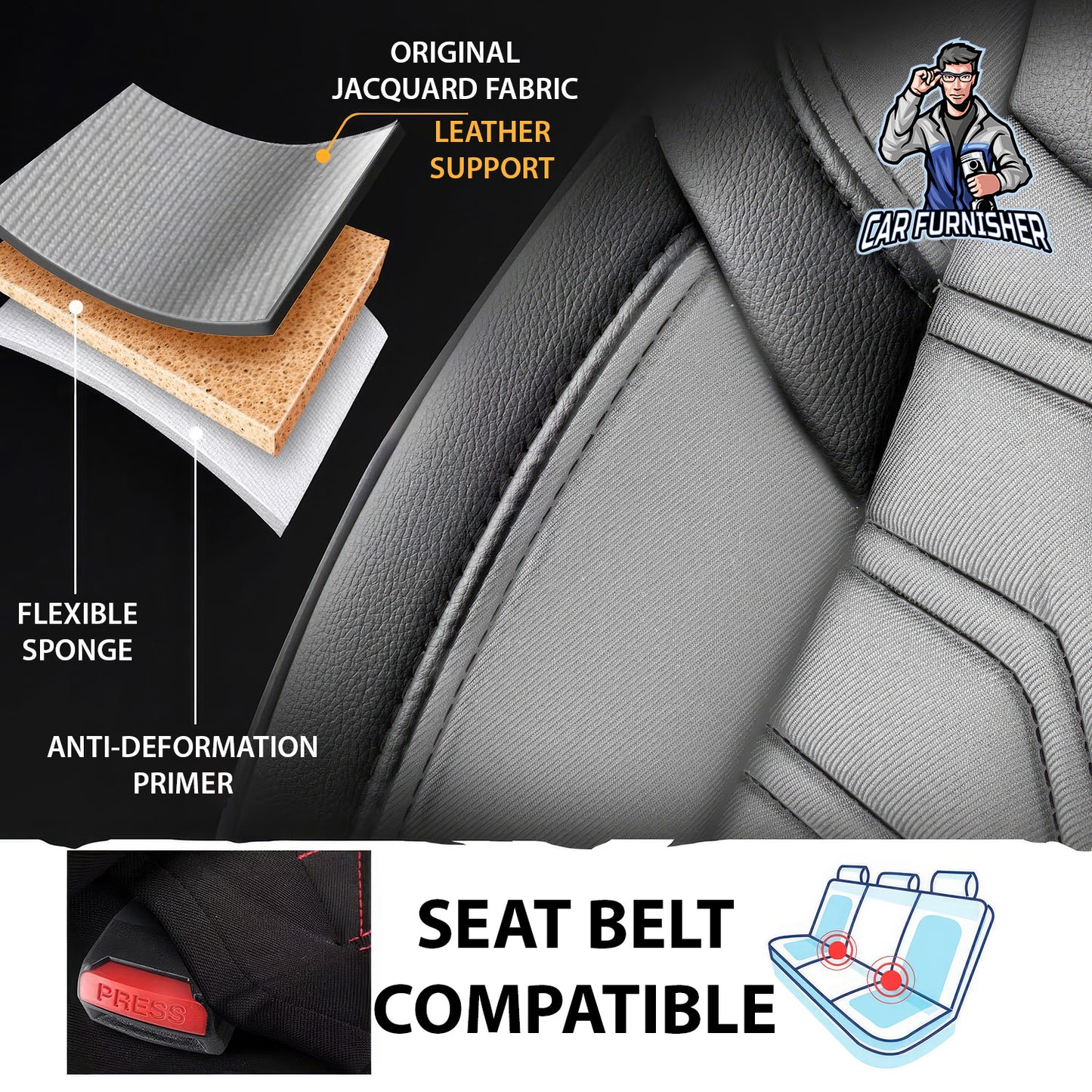 Car Seat Cover Set - Berlin Design Gray 5 Seats + Headrests (Full Set) Leather & Jacquard Fabric