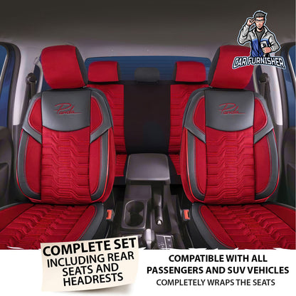 Car Seat Cover Set - Berlin Design Red 5 Seats + Headrests (Full Set) Leather & Jacquard Fabric