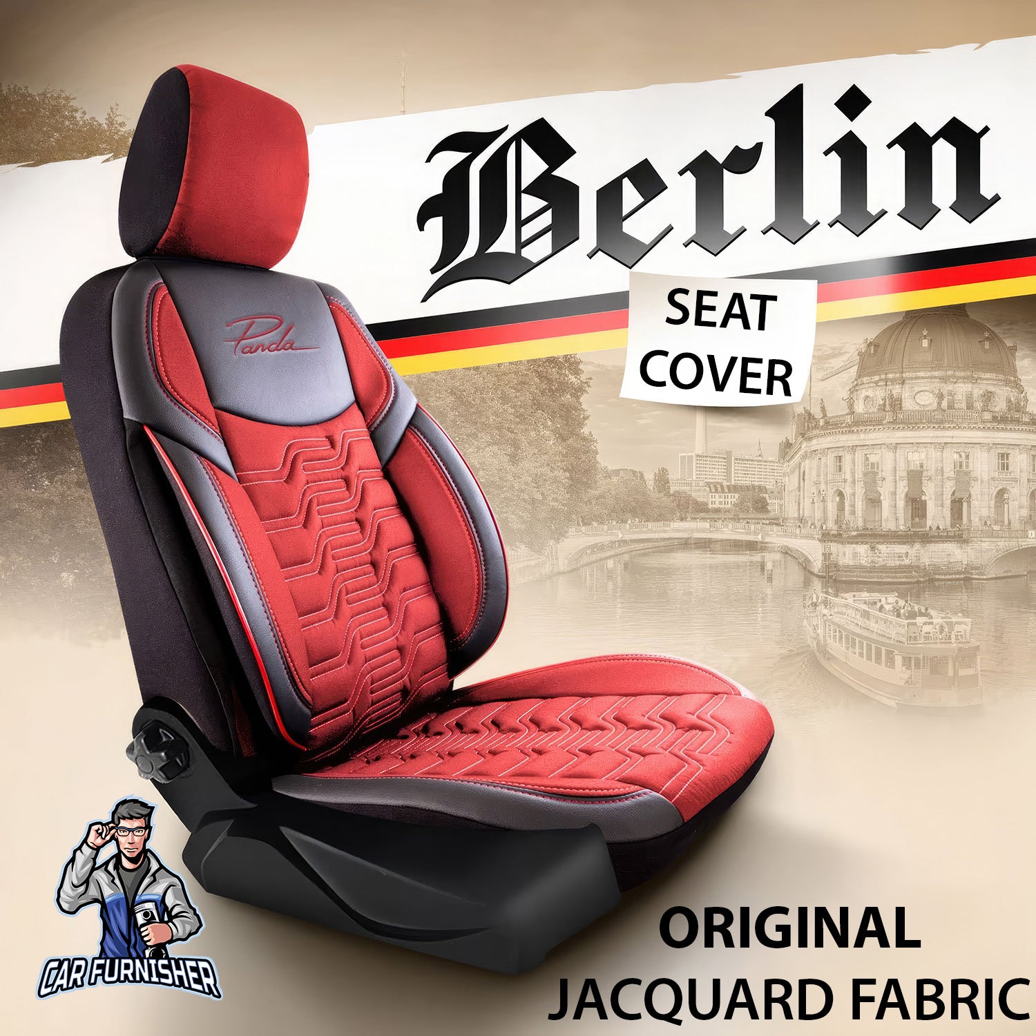 Car Seat Cover Set - Berlin Design Red 5 Seats + Headrests (Full Set) Leather & Jacquard Fabric