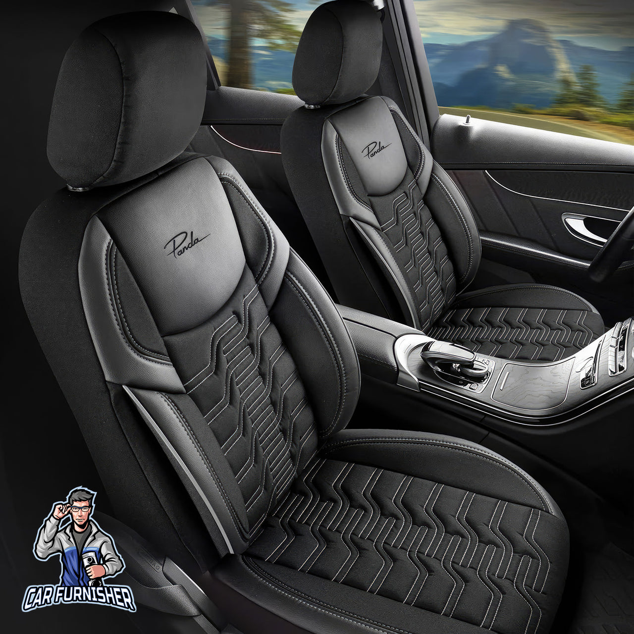 Car Seat Cover Set - Berlin Design Smoked Black 5 Seats + Headrests (Full Set) Leather & Jacquard Fabric