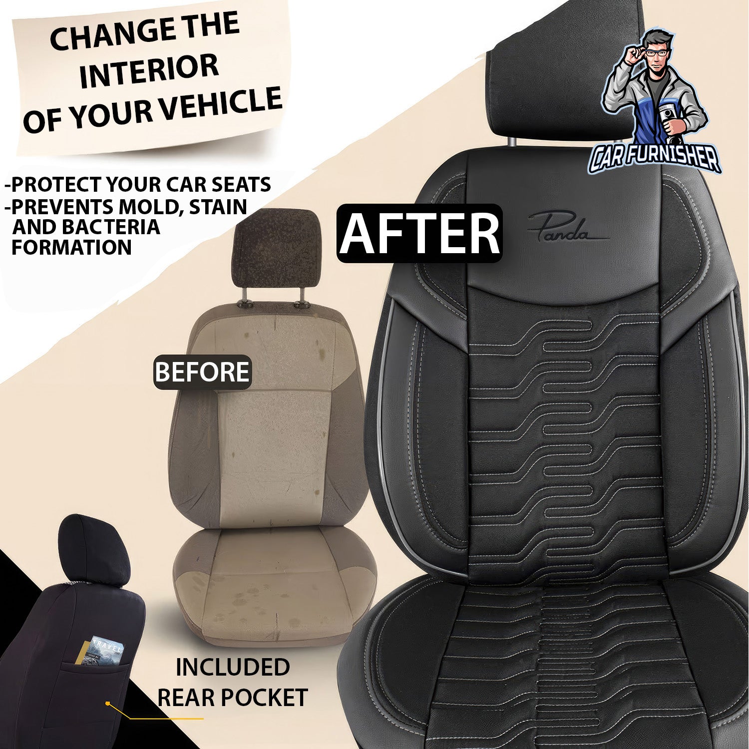 Car Seat Cover Set - Berlin Design Smoked Black 5 Seats + Headrests (Full Set) Leather & Jacquard Fabric