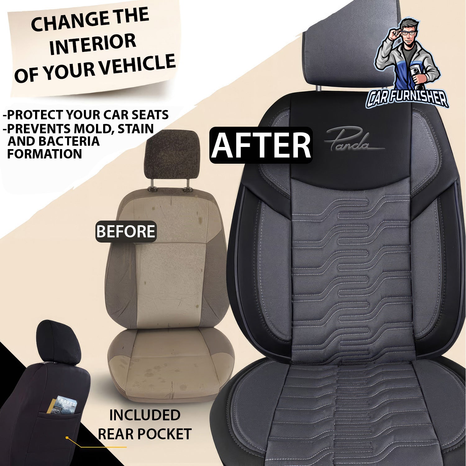 Car Seat Cover Set - Berlin Design Smoked 5 Seats + Headrests (Full Set) Leather & Jacquard Fabric