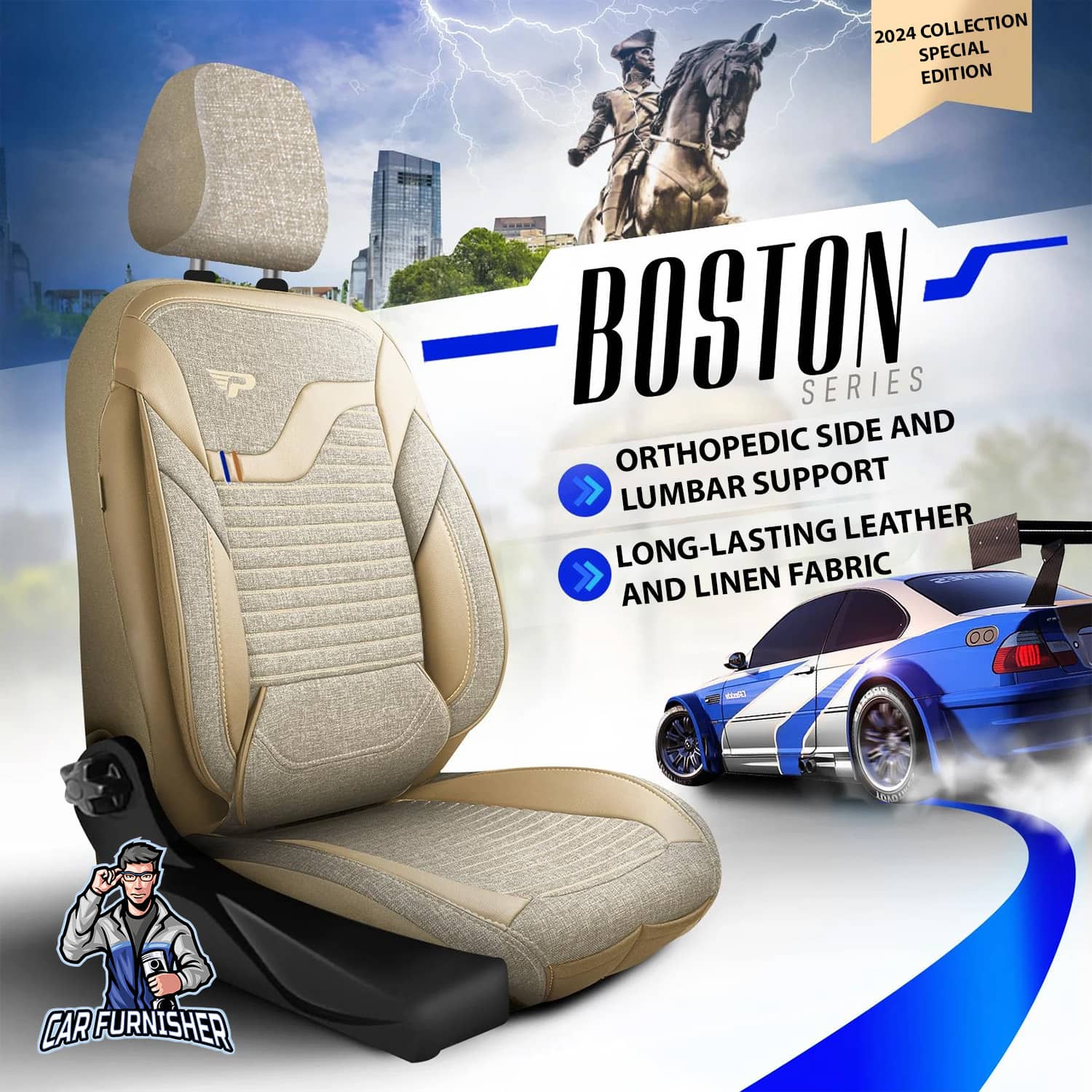 Car Seat Cover Set - Boston Design Beige 5 Seats + Headrests (Full Set) Leather & Linen Fabric