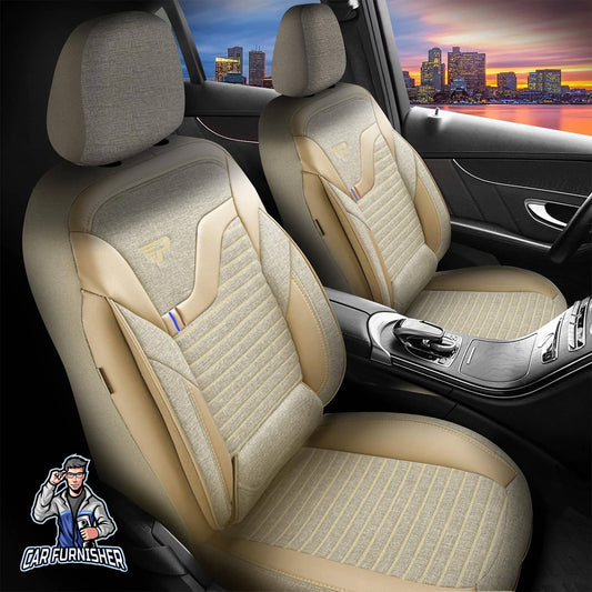 Car Seat Cover Set - Boston Design Beige 5 Seats + Headrests (Full Set) Leather & Linen Fabric