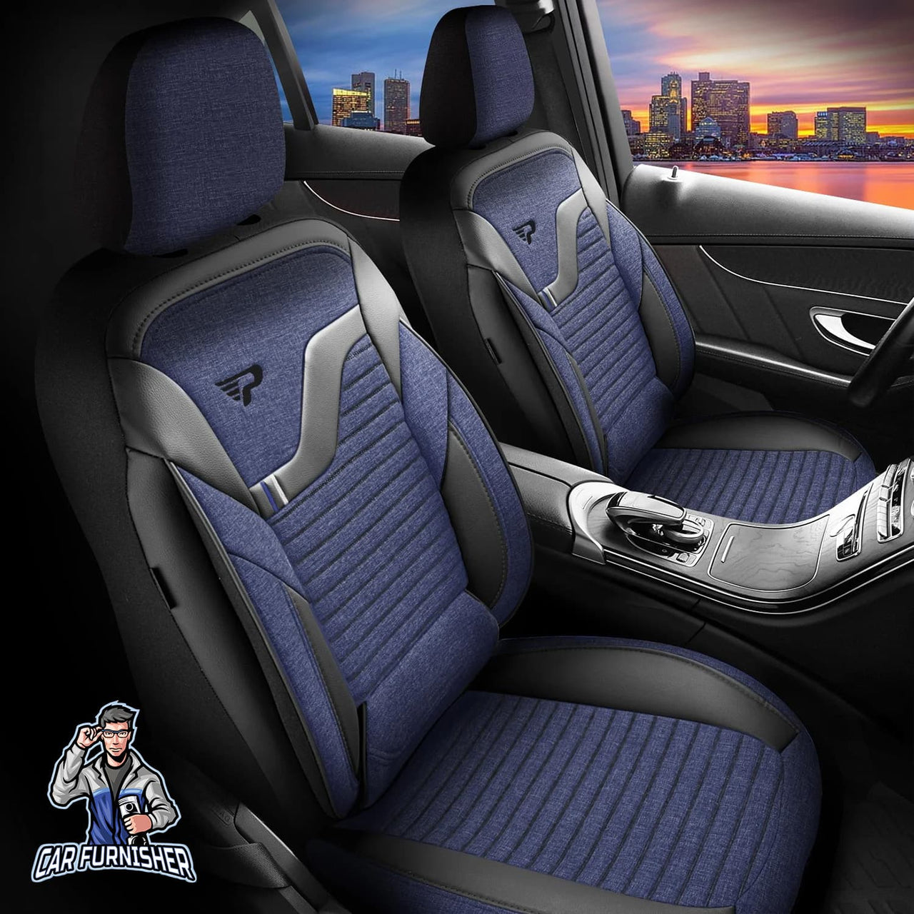 Mercedes 190 Seat Covers Boston Design Blue 5 Seats + Headrests (Full Set) Leather & Linen Fabric