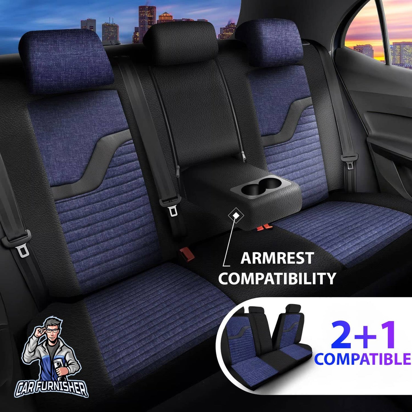 Car Seat Cover Set - Boston Design Blue 5 Seats + Headrests (Full Set) Leather & Linen Fabric
