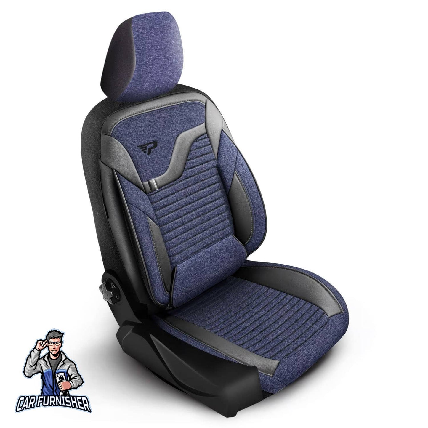 Car Seat Cover Set - Boston Design Blue 5 Seats + Headrests (Full Set) Leather & Linen Fabric