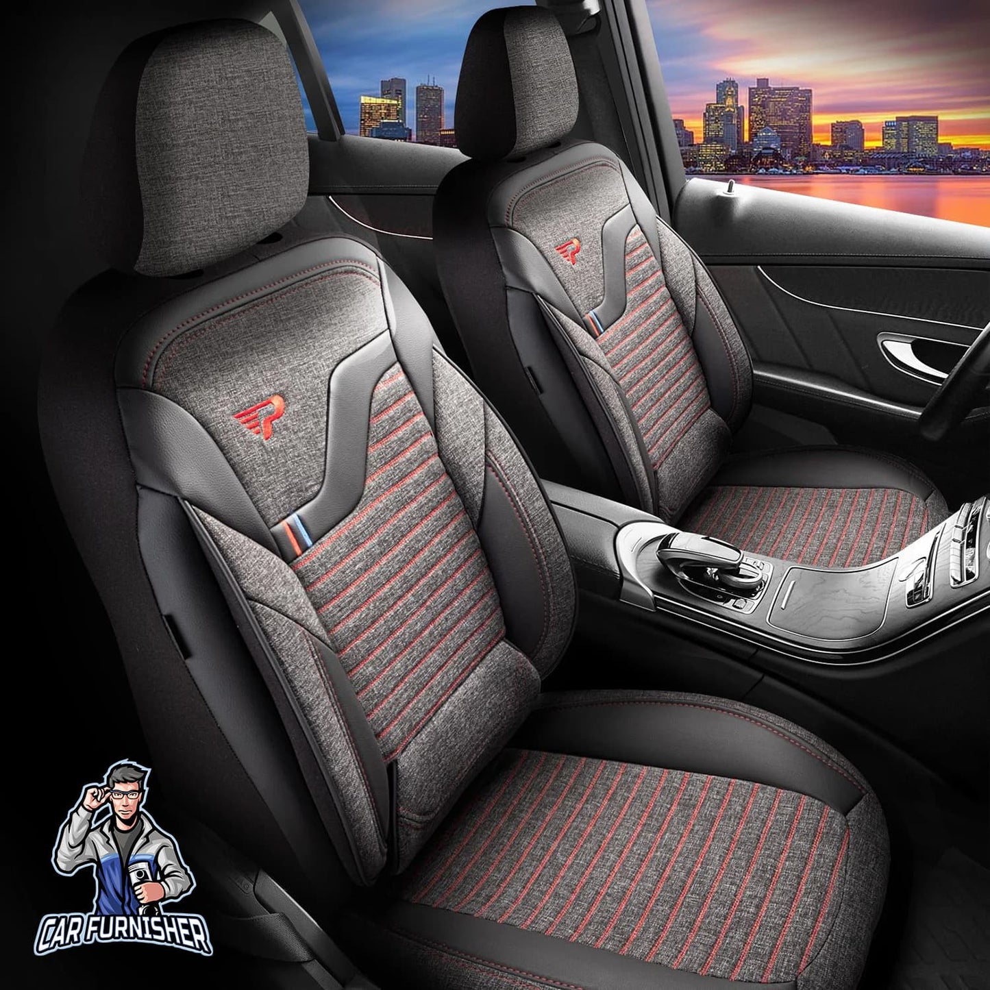 Car Seat Cover Set - Boston Design Dark Red 5 Seats + Headrests (Full Set) Leather & Linen Fabric