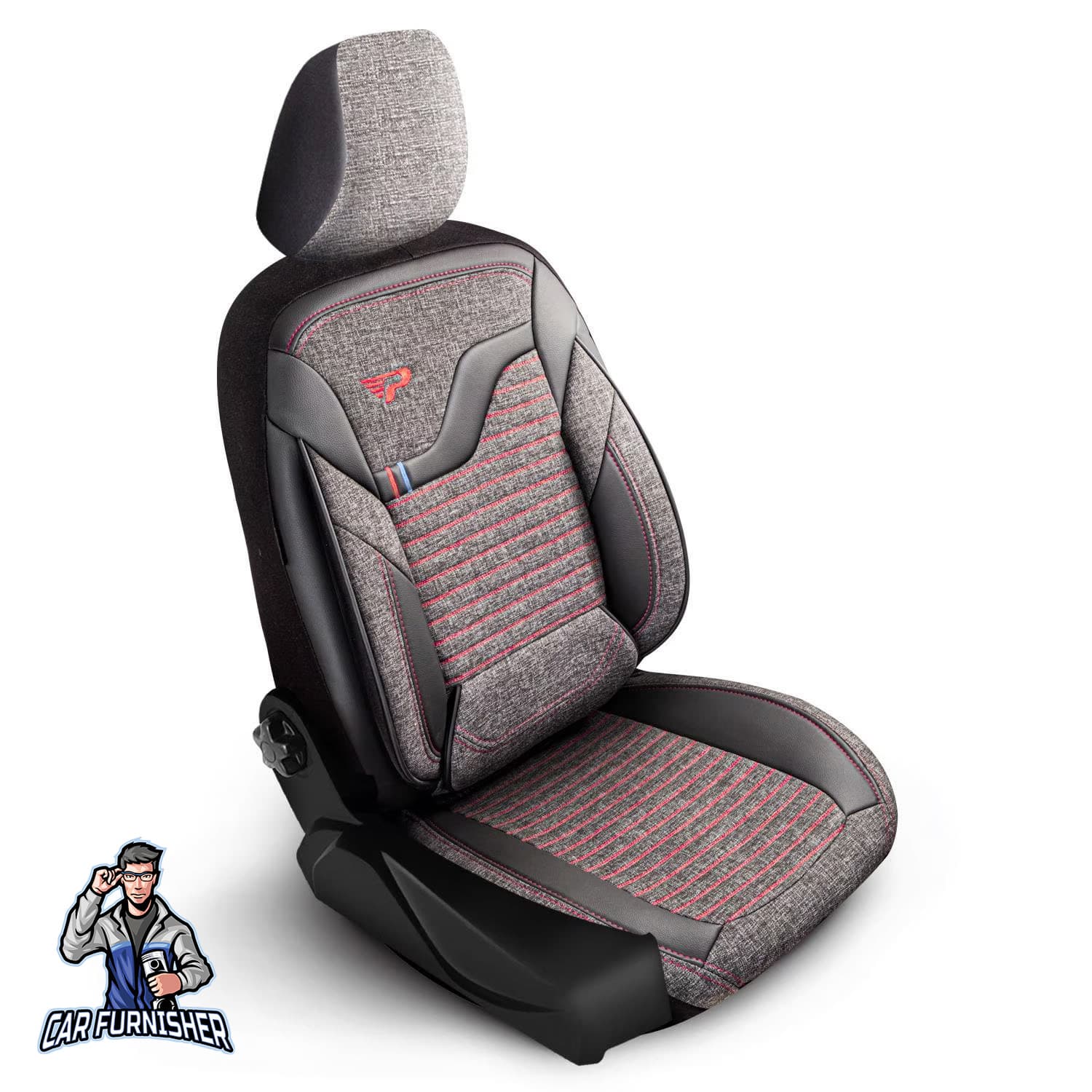 Car Seat Cover Set - Boston Design Dark Red 5 Seats + Headrests (Full Set) Leather & Linen Fabric