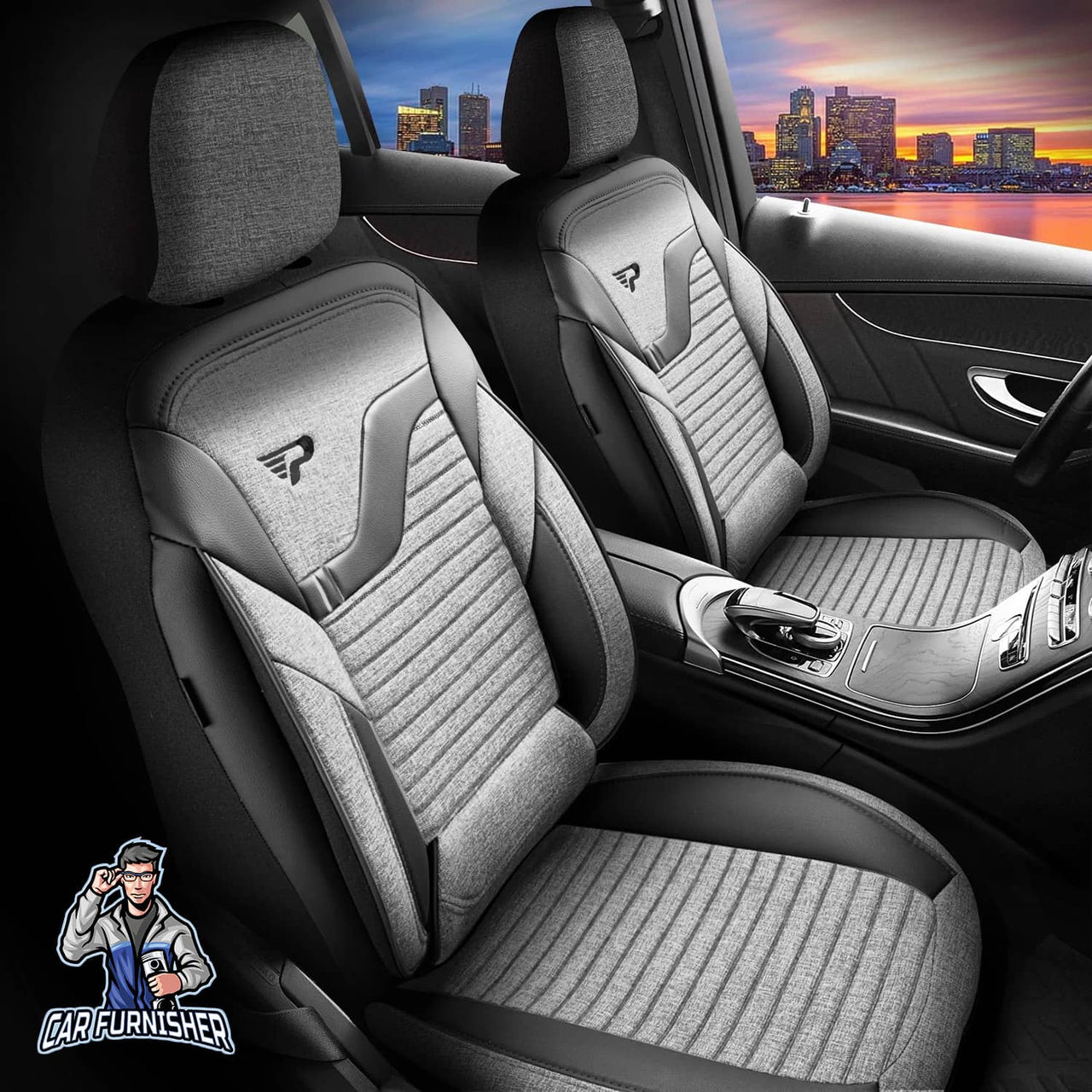 Car Seat Cover Set - Boston Design Gray 5 Seats + Headrests (Full Set) Leather & Linen Fabric