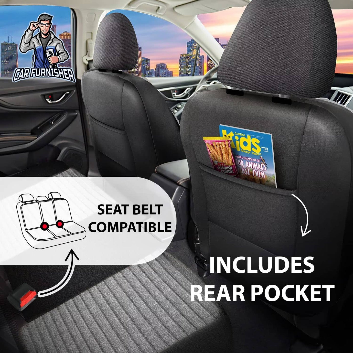 Car Seat Cover Set - Boston Design Gray 5 Seats + Headrests (Full Set) Leather & Linen Fabric