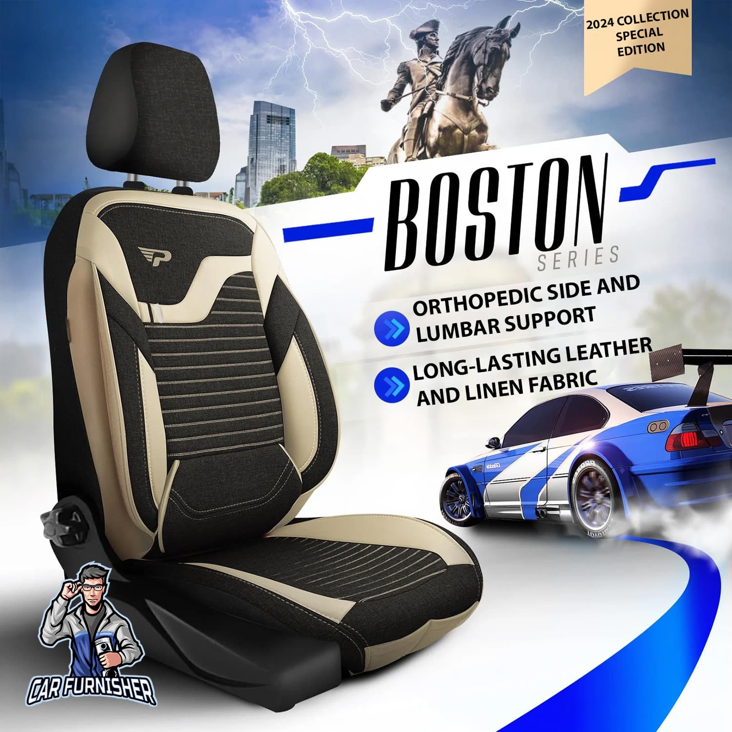Car Seat Cover Set - Boston Design Khaki 5 Seats + Headrests (Full Set) Leather & Linen Fabric