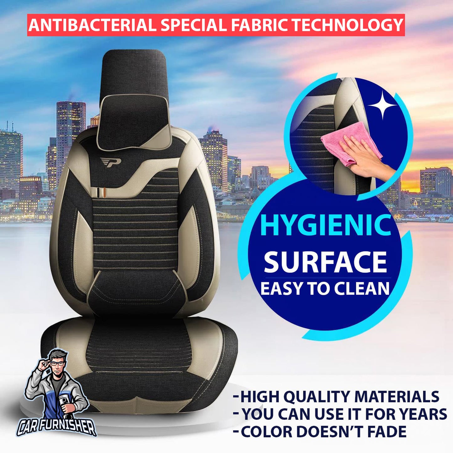 Car Seat Cover Set - Boston Design Khaki 5 Seats + Headrests (Full Set) Leather & Linen Fabric