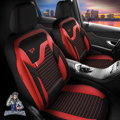 Car Seat Cover Set - Boston Design Red 5 Seats + Headrests (Full Set) Leather & Linen Fabric