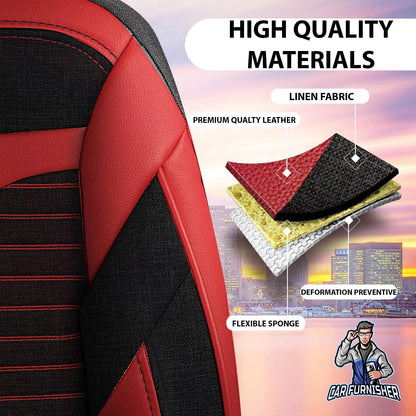 Car Seat Cover Set - Boston Design Red 5 Seats + Headrests (Full Set) Leather & Linen Fabric
