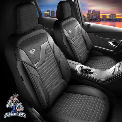 Car Seat Cover Set - Boston Design Smoked Black 5 Seats + Headrests (Full Set) Leather & Linen Fabric
