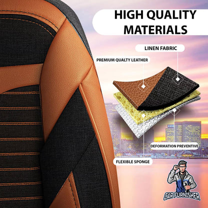 Car Seat Cover Set - Boston Design Orange 5 Seats + Headrests (Full Set) Leather & Linen Fabric