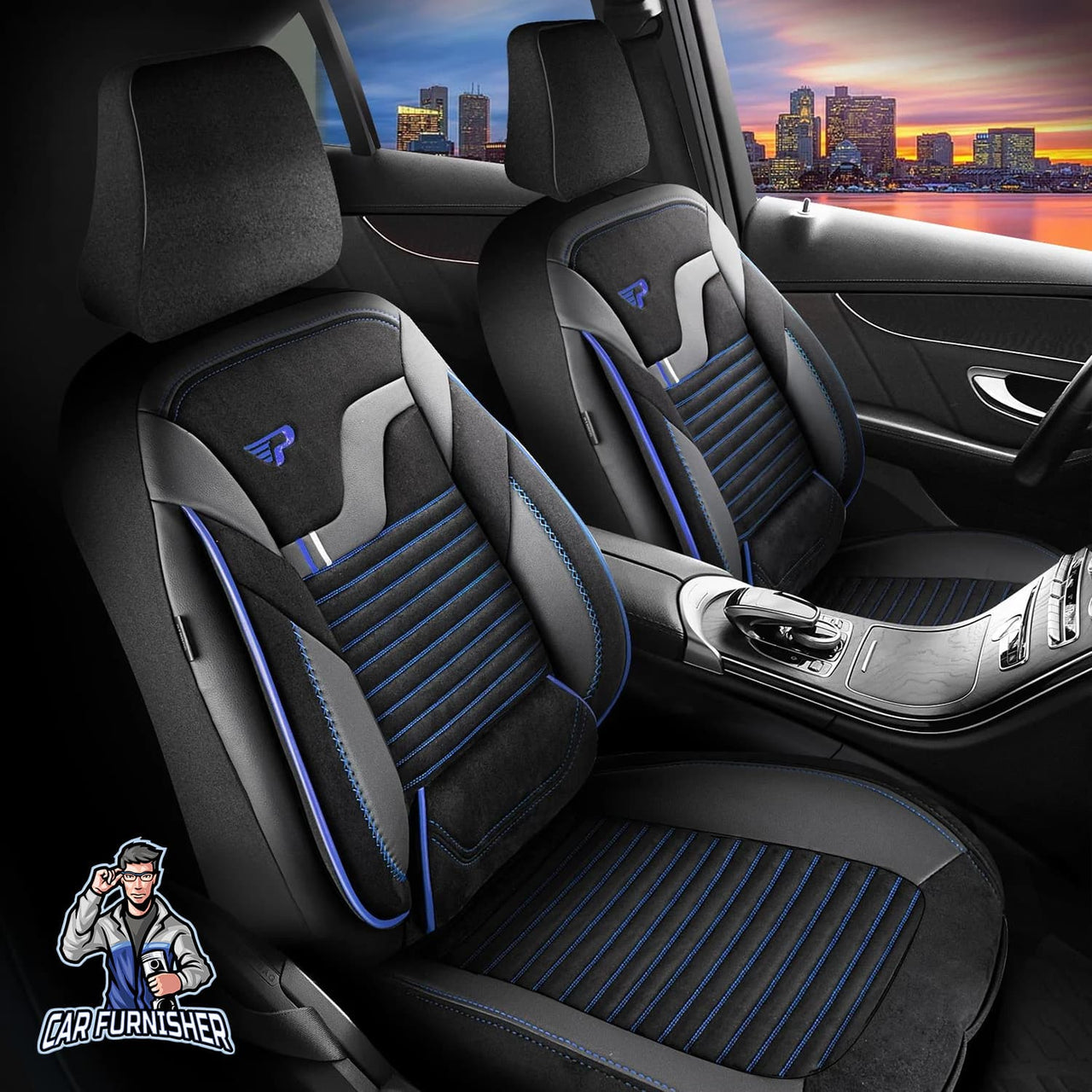 Car Seat Cover Set - Boston Velour Fabric Design Dark Blue 5 Seats + Headrests (Full Set) Leather & Velour Fabric