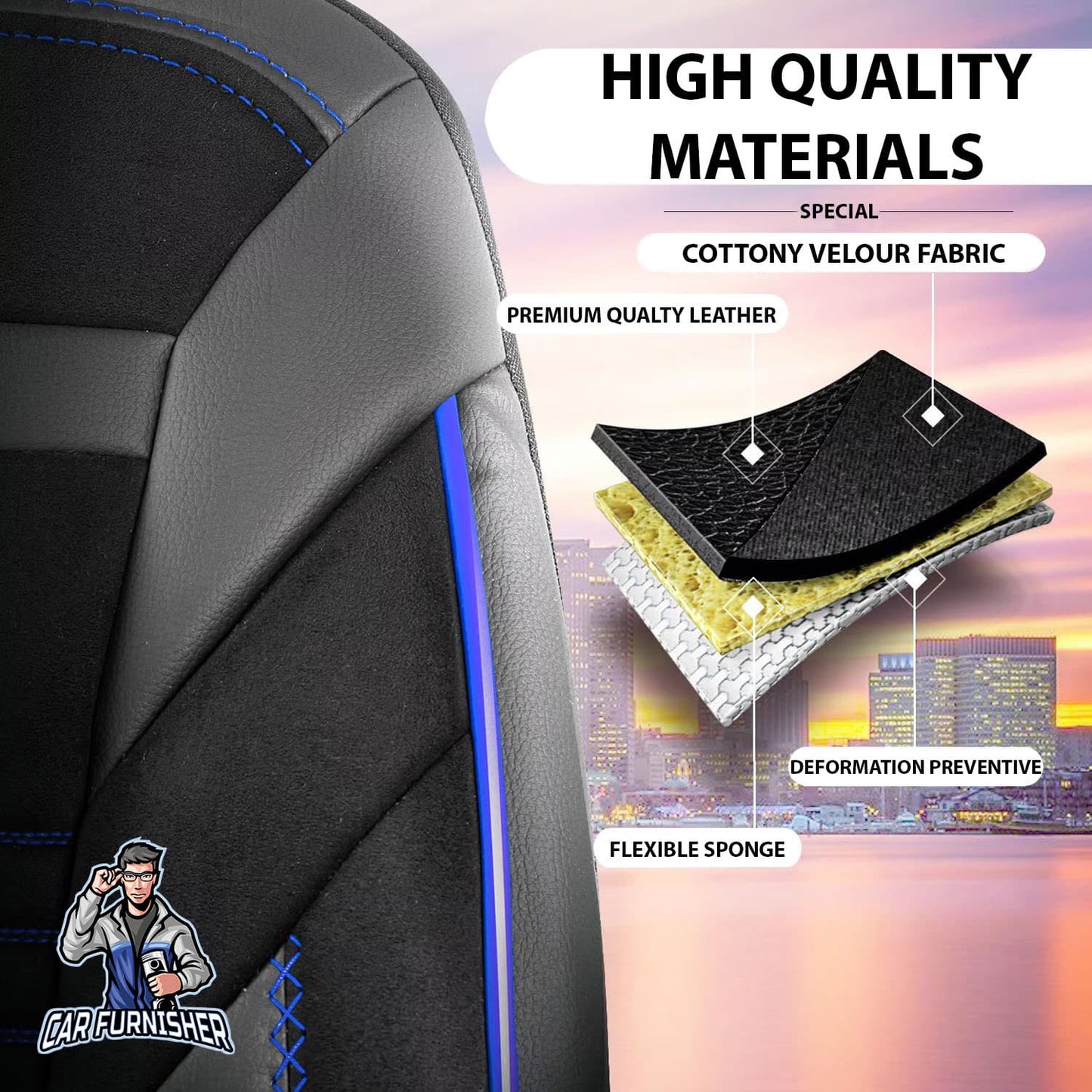Car Seat Cover Set - Boston Velour Fabric Design Dark Blue 5 Seats + Headrests (Full Set) Leather & Velour Fabric