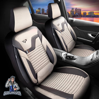Car Seat Cover Set - Boston Velour Fabric Design White 5 Seats + Headrests (Full Set) Leather & Velour Fabric