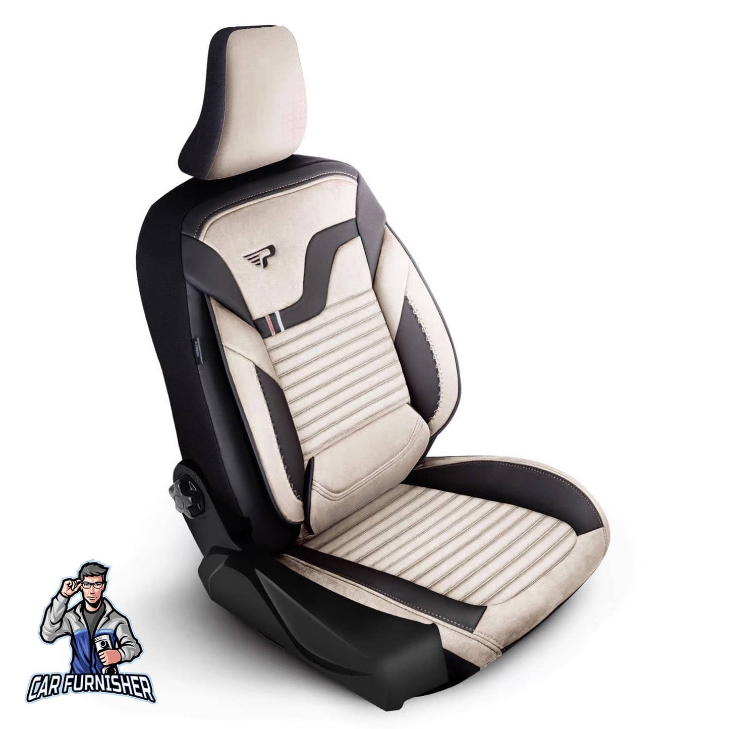 Car Seat Cover Set - Boston Velour Fabric Design White 5 Seats + Headrests (Full Set) Leather & Velour Fabric