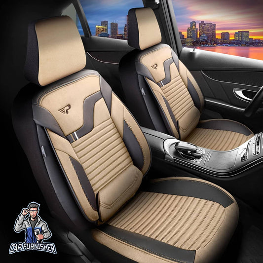 Car Seat Cover Set - Boston Velour Fabric Design Beige 5 Seats + Headrests (Full Set) Leather & Velour Fabric