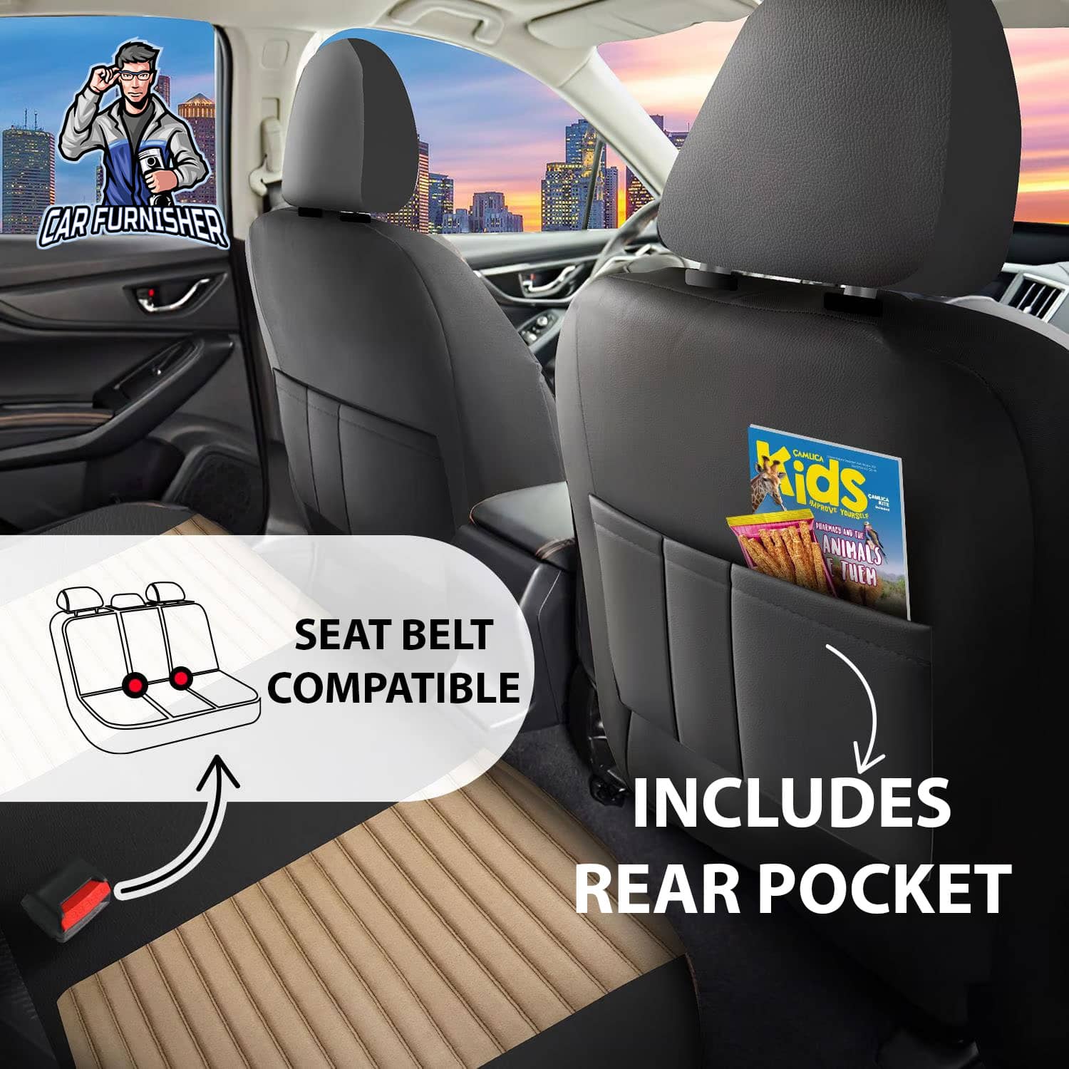 Car Seat Cover Set - Boston Velour Fabric Design Beige 5 Seats + Headrests (Full Set) Leather & Velour Fabric