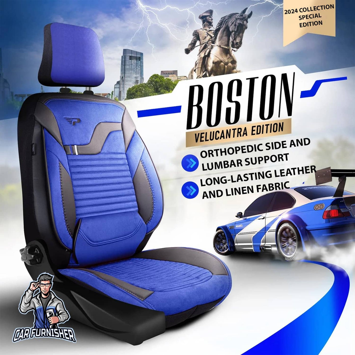 Car Seat Cover Set - Boston Velour Fabric Design Blue 5 Seats + Headrests (Full Set) Leather & Velour Fabric
